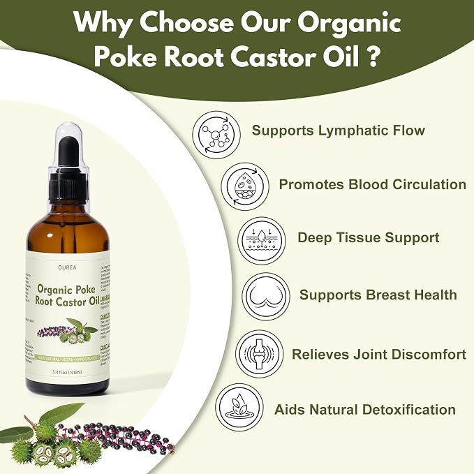 Poke Root Castor Oil Organic - 3.4 Fl Oz (100ML) - Lymphatic Support Massage Liquid, Natural Deep Tissue Relief Drops for Boils, Fibroids, Cysts, Swollen Lymph Nodes, Breast & Joint Health