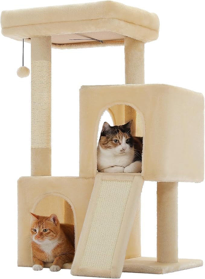 PAWZ Road Cat Tree, 35" Cat Tower with Dual Condos for Indoor Cats, Beige | cat tree tower with enlarged perch, scratching ramp, dual condos and large base for small & adult cats