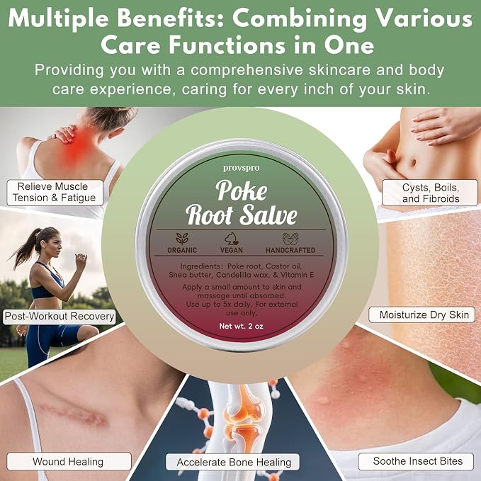 Castor Oil & Poke Root Herbal Salve, Vegan Lymphatic Support Massage Balm for Breast Care, Joint Massage, Neck, Underarms & Deep Tissue Comfort, Natural Moisturizing Body Ointment, 2oz