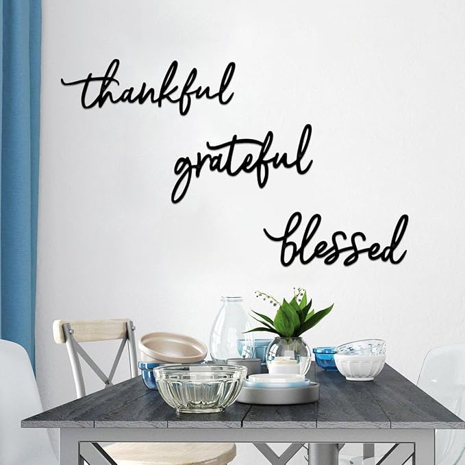 Thankful Grateful Blessed Letter Sign Metal Wall Decor, 3 Piece Black Letters Wall Art for Bathroom Bedroom Metal Words Wall Decor for Home Decor