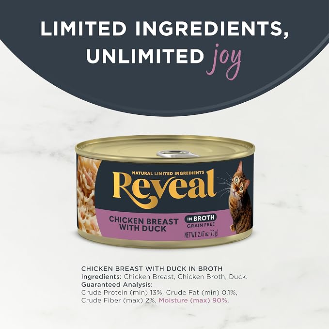 Reveal Chicken & Duck in Broth Wet Cat Food 24-Pack 2.47 oz Cans | 100% Natural, High Quality Protein, Limited Ingredient, Grain Free, No Fillers, No Artificial Additives, No By-Products