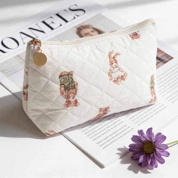Quilted Cotton Makeup Bag, Coquette Quilted Toiletry Bag for Women and Girls, Floral Coquette Pouch, Cute Kawaii Travel Cosmetic Bags (Bear and Rabbit)