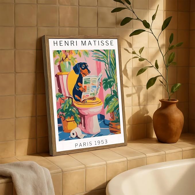 Funny Dachshund Bathroom Wall Art Henri Matisse Dog Bathroom Wall Decor Picture, Cute Puppy Animal Reading Newspaper in Toilet Poster Painting Canvas Print 16x24 inch Wood Framed
