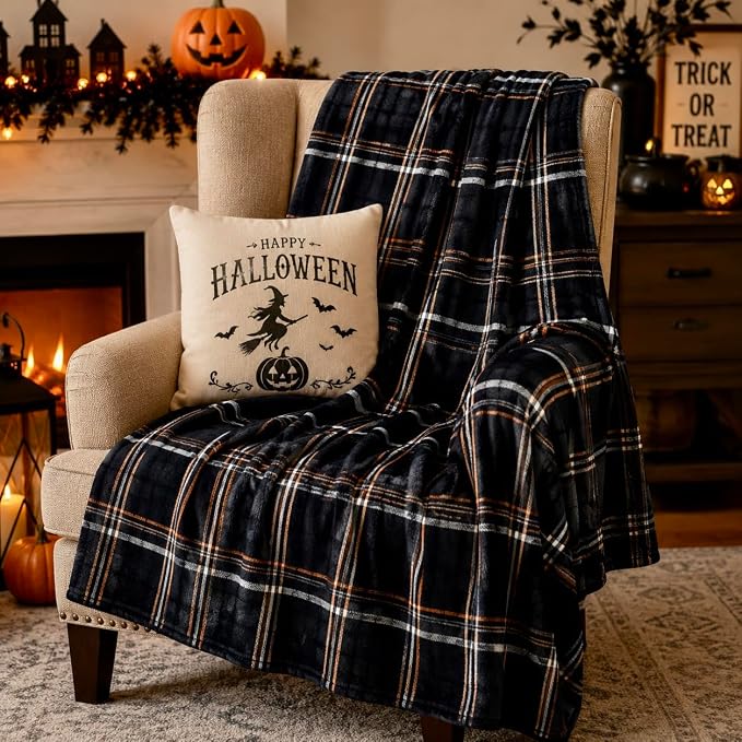 Halloween Fall Fleece Throw Blanket, Black White Orange Plaid, 50x60 | Ultra-soft cozy flannel fleece, for sofa bed couch chair & dorms, spooky Halloween décor, durable and machine washable.