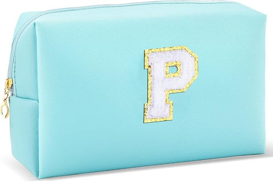 URSKYTOUS Gifts for Girls Initial Makeup Bag Personalized Cosmetic Bag with Zipper Cute Travel Toiletry Bag Waterproof PU Preppy Makeup Pouch Birthday Gift for Teen Girls Women(Blue P)