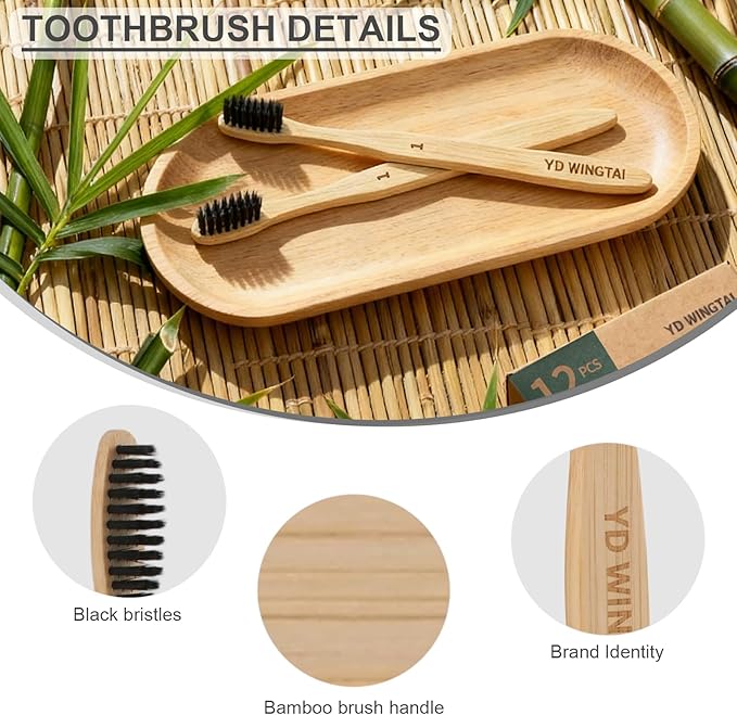 YD WINGTAI Bamboo Toothbrush Biodegradable WoodenToothbrushes 12pack Natural Travel Size Organic Charcoal Tooth Brush