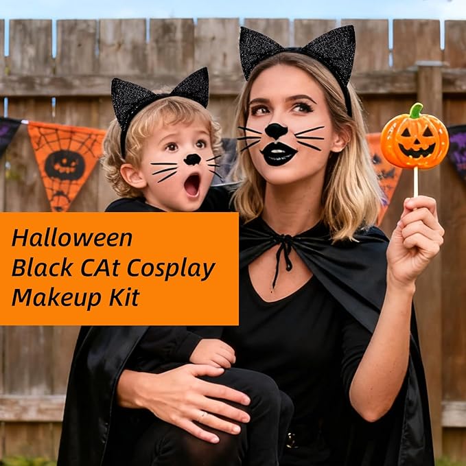 Halloween Black Cat Makeup Kit, Ears Headband, Lipstick, and Eyeliner, Costume Accessories for Black Cat Cosplay Party SFX Makeup