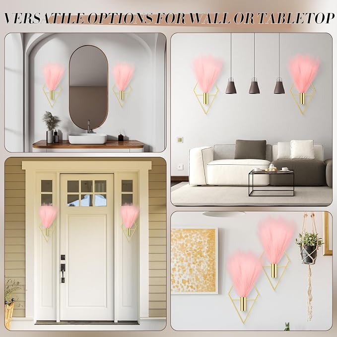 Hanaive 4 Sets Boho Wall Decor Metal Wall Art Hanging Planters with Artificial Pampas Display Modern Home Vase for Bedroom Home Office(Sweet,Gold, Pink)