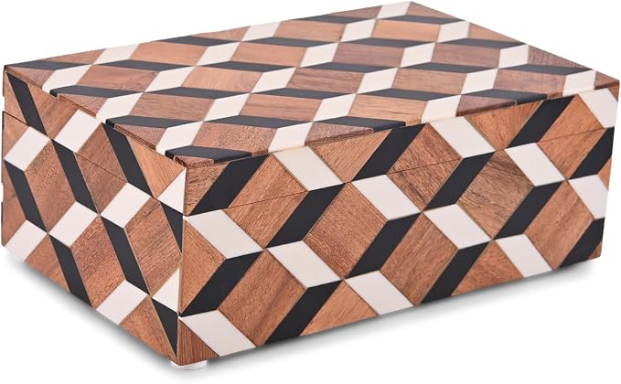 Perilla Home Decorative Wooden Storage Box – Small Organizer for Jewelry, Crafts, Cards & Keepsakes – Clover Design MDF & Resin (Bianco) – Dark Brown & Off White – Gift for Men & Women