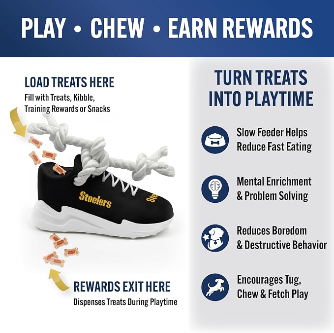 Pets First NFL Pittsburgh Steelers Cleat Sneaker Spike Dog Toy, Football Treat Dispenser Chew Toy for Dogs, Interactive Rope Tug Toy, Slow Feeder Natural Rubber Dog Toy with Official Team Logo