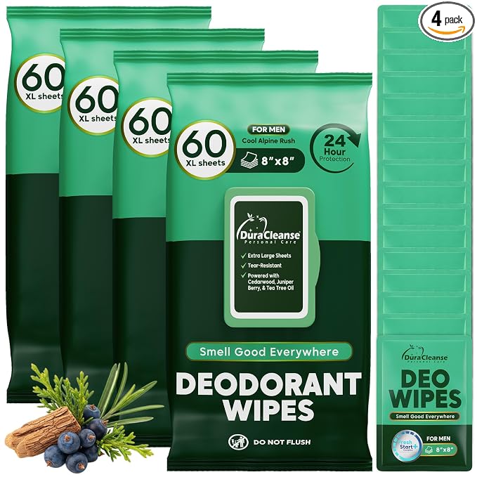 XL Deodorant Wipes for Men - 240 Ct. + 16 Travel Body Wipes Individually Wrapped 8"x8" Odor Eliminator Towelettes for Underarm, Body, Feet - pH Balanced Armpit Smell Remover for Gym & Post Workouts