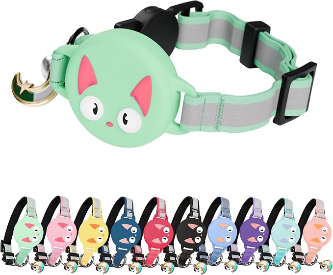 Cat Collar with Airtag Holder, Breakaway Air Tag Collar for Apple airTag, Reflective & Luminous Design, Waterproof GPS Tracker for Cats and Kittens, Includes Bell, Green Mint (9-12")
