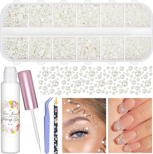 3600Pcs Face Gems Eye Pearls with SFX Makeup Glue Spirit Adhesive for Costume, Shynek Half Pearls Hair Rhinestone Beads Face Adhesive Makeup Flatback Gems for Nail Jewels Cosplay