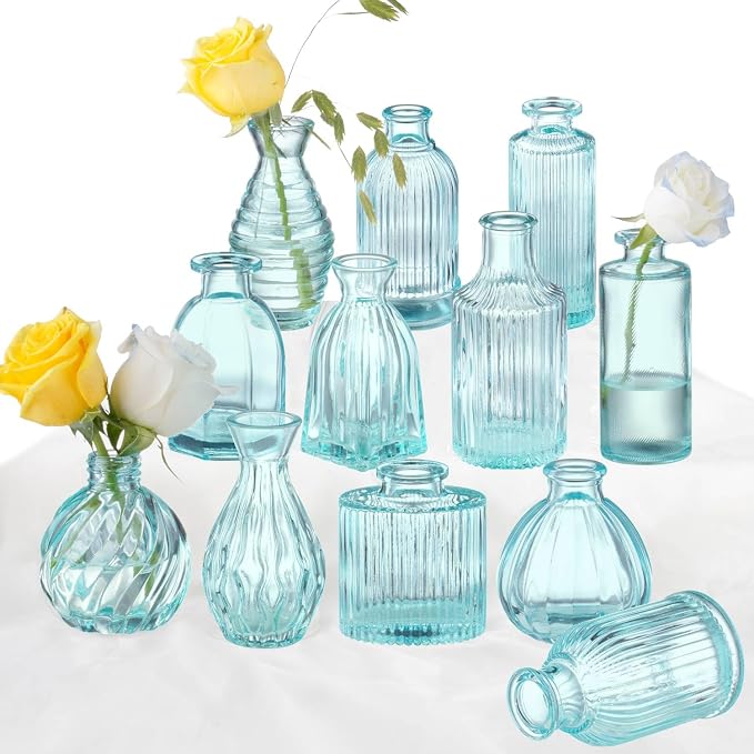 Bud Vases Set of 12 Blue Glass Vase for Decor | Small Vintage Flower Vase Ribbed Glass Bud Vases in Bulk Wedding Bridal Shower Party Centerpieces Home Room Table Decorations
