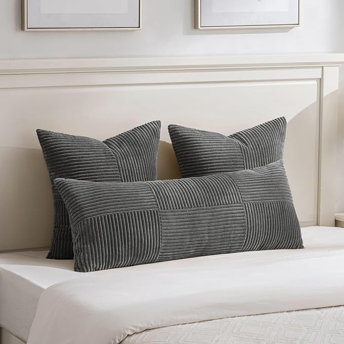 Fancy Homi Dark Gray Big Decorative Throw Pillow Covers 24x24 Inch for Living Room Couch Bed Sofa, Rustic Farmhouse Boho Home Decor, Soft Corss Corduroy Patchwork Accent Square Cushion Case 60x60 cm