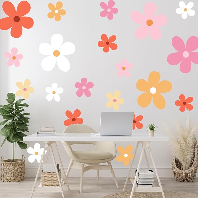 TaoBary 12 Sheet Daisy Wall Sticker Decal,Bright Color,Elegant Style | Big Flower Wall Sticker, Pink White Floral Decal, Daisy Bedroom Room Decor, Removable Peel and Stick, Nursery Home Wall Decor