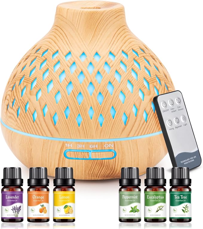 SPLITSKY 400ML Essential Oil Diffuser for Large Room Home,Remote Control Aromatherapy Diffuser with 6 Essential Oils Gift Set,Air Cool Mist Humidifier with 7 Color Changing LED