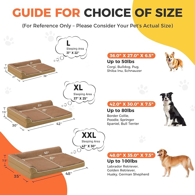 XXL Orthopedic Dog Bed, Extra Large Dogs, 48"x35"x7.5", Camel | Waterproof, Washable Cover, L-Shaped Pet Couch, Egg-Crate Foam for Pressure Relief, Portable Handle