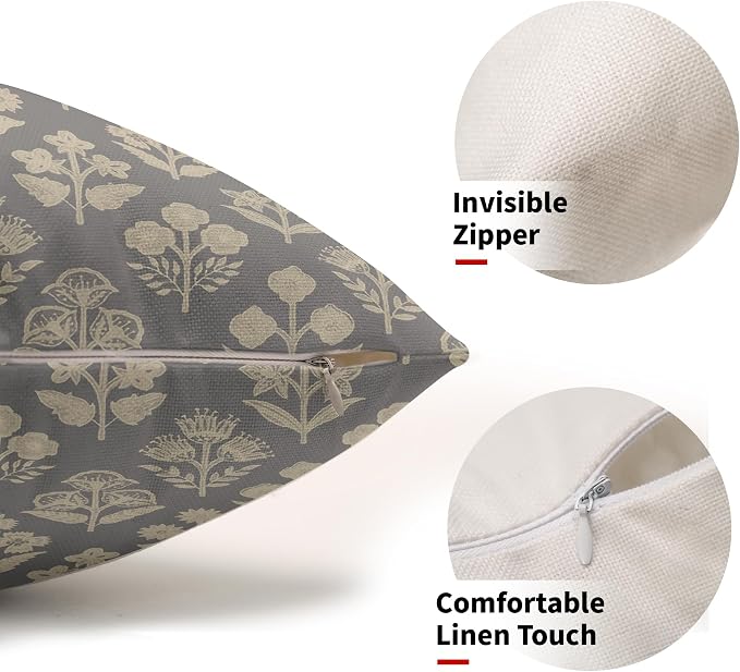 Grey Gray Pillow Covers 12x20 Inch Set of 2, Cream Floral Block Print Pattern Lumbar Decorative Throw Pillowcases Outdoor Farmhouse Rectangle Cushion Covers Spring Summer Sofa Couch Bed Decor
