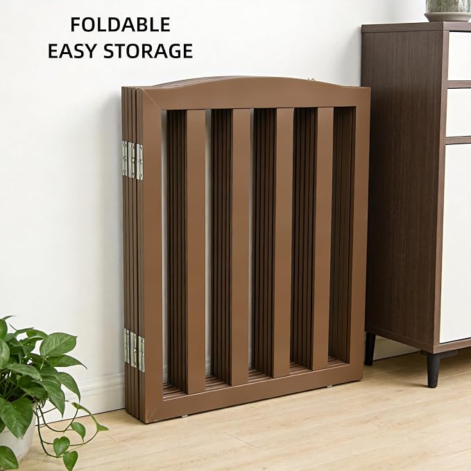 ZJSF Foldable Freestanding Indoor Dog Gate for House Wood Long Pet Gates Dog Fence for Stairs Puppy Gates for Hallways, Puppy Gate,Support Feet Included, Brown, 32 "Height-6 Panels