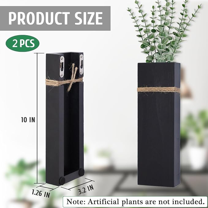Wall Planters for Indoor Plants-2 Pack Wood Wall Vases for Dried Flowers & Artificial Plants Modern Farmhouse Wooden Vase for Living Room Bedroom Kitchen Decorations - Black