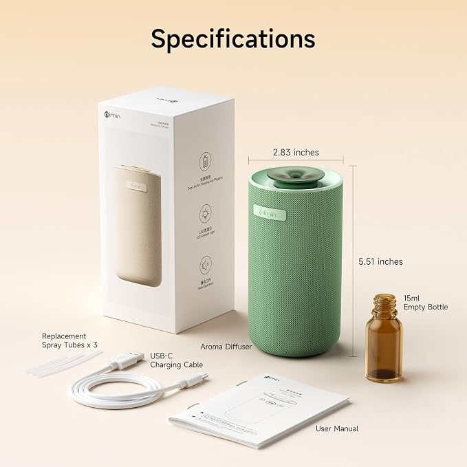 Waterless Cordless Essential Oil Aromatherapy Diffuser - Dual Home/Car Mode with Auto Start-Stop, Strong/Light Scent Adjustment, Air Freshener for Office, Car, Compatible with 5/10/15ml Bottles