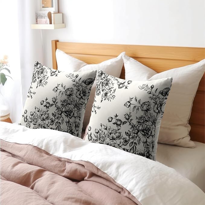 Kawani Vintage Floral Pillow Covers 18x18 Inch Set of 2 Victorian Bouquet Black Flowers Botanical Decorative Pillowcase Cotton Linen Square Cushion Case for Couch Sofa Bedroom Home Decor
