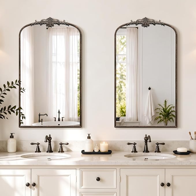 Besdomus Vintage Large Wall Mirror: 24"x42" French Black Arched Decorative | Antique Metal Framed Vanity Mirrors - Baroque Traditional Ornate for Hallway/Bath V/Fireplace - Ideal for Bath Remodeling