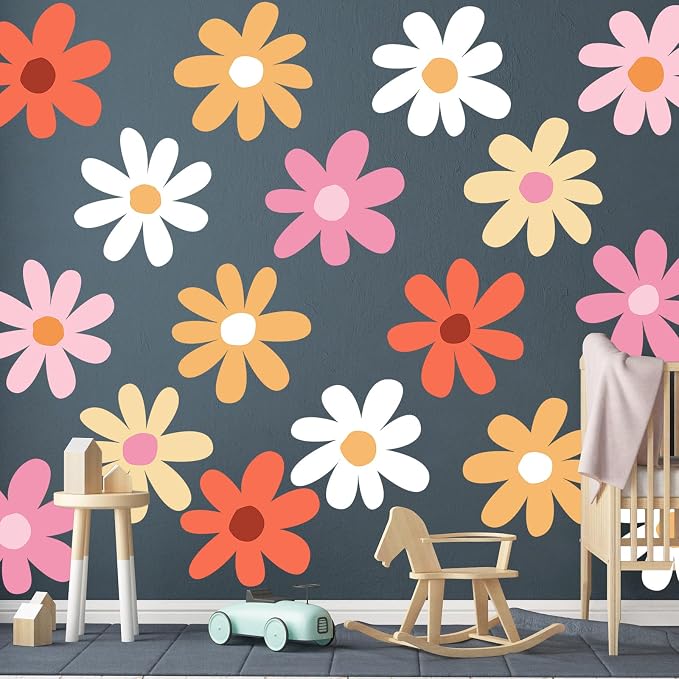 TaoBary 12 Sheet Daisy Wall Sticker Decal,Bright Color,Minimalist Style | Big Flower Wall Sticker, Pink White Floral Decal, Daisy Bedroom Room Decor, Removable Peel and Stick, Nursery Home Wall Decor