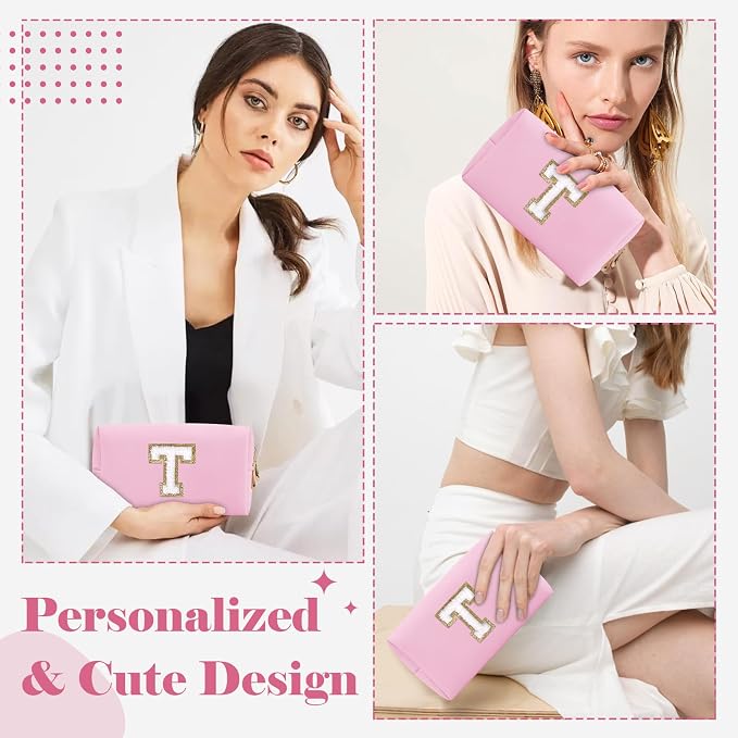 Personalized Initial A-Z Preppy Patch Makeup Bag,Small PU Chenille Letter Cosmetic Bag with Zipper for Teen Girls,Pink Cute Toiletry Organizer Bag,Monogram Makeup Case Gift for Women Girls,Letter T