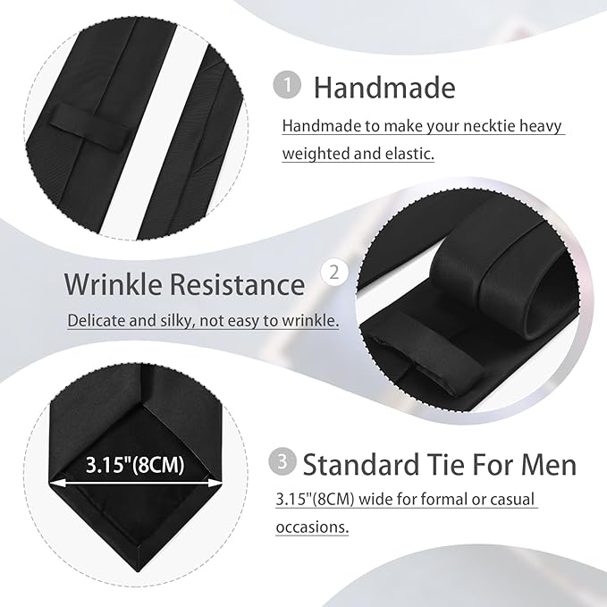 Black Tie Set in Gift Box Mens Solid Color 3.15" (8CM) Black Necktie and Pocket Square Set