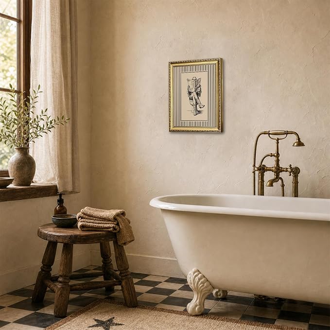 Gold Framed Funny Cowgirl Bathroom Wall Art Western Cowgirl Reading Newspaper on Toilet Wall Decor, Farmhous Vintage Cowboy Bathroom Poster Canvas Painting Print Picture 12x16 inch