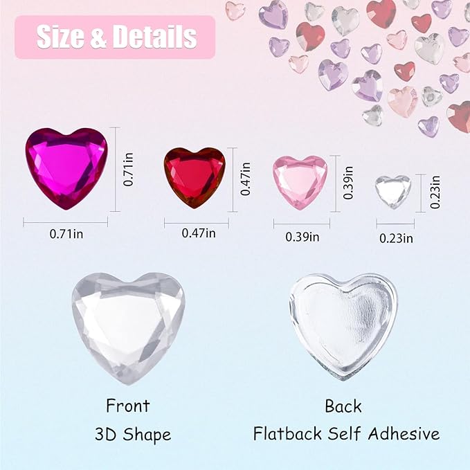 516 Pcs Heart Rhinestones Face Sticker Acrylic Self Adhesive Heart Gems Red Pink Clear Rose Red 6/10/12/18mm