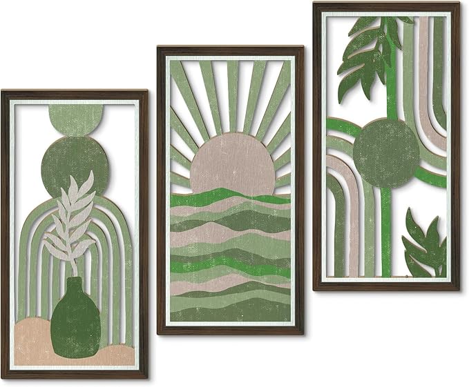 Putuo Decor Abstract Boho Wall Art Set of 3, Modern Geometric Design with Green, Pink, and Beige Tones for Living Room Bedroom Office, Minimalist Wooden Panel Decor
