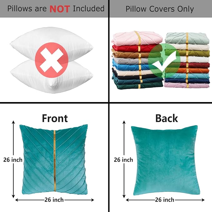 Aqua Green Velvet Throw Pillow Covers 26x26 inch Pack of 2 with Gold Leather Decorative Couch Pillow Cover Luxury Modern Pillowcases for Living Room Bedroom Sofa Cushion Bed