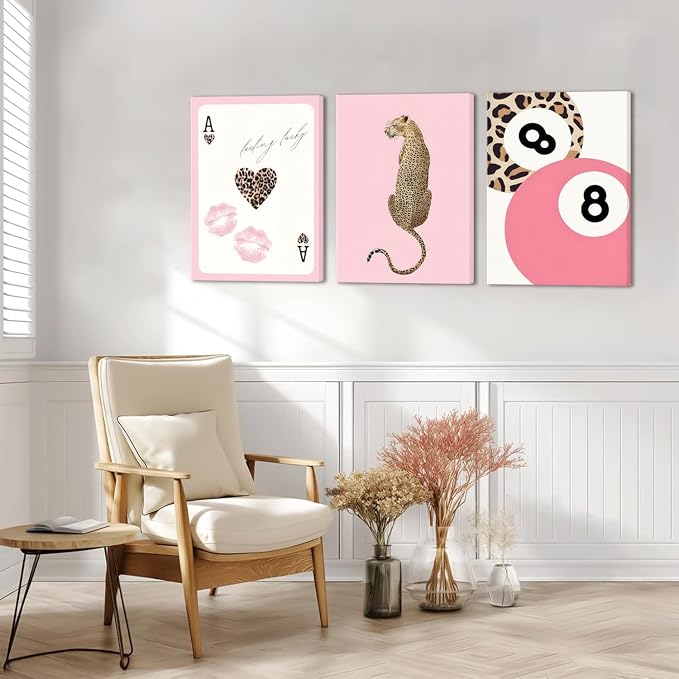 Cheetah Trendy Wall Art Set of 3 Preppy Leopard Canvas Print for College Apartment Room Wall Decor 8 Ball Poster Y2k Pink Coquette Print Lucky Aesthetic Pictures for Bedroom Dorm 16x24 In Framed