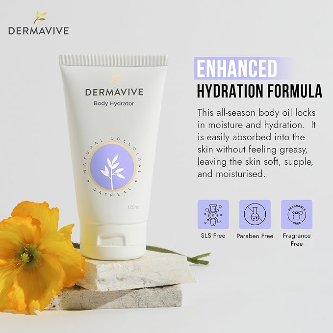 Dermavive Oatmeal Body Hydrator – Colloidal Oatmeal Moisturizing Oil for Itchy, Dry, Flaky & Sensitive Skin – Nourishing After-Shower Body Oil for Kids, Teens & Adults – 120ml (4.05 fl oz)