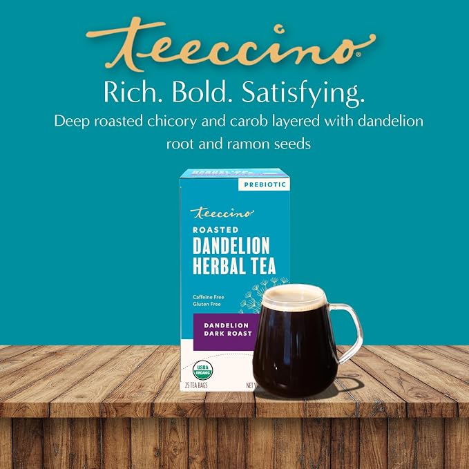 Teeccino Dark Roast Dandelion Tea - Rich & Roasted Herbal Tea That’s Caffeine Free & Prebiotic with Detoxifying Dandelion Root, 25 Tea Bags (Pack of 3)