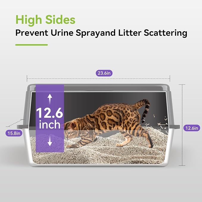 High-Sided Stainless Steel XL Cat Litter Box for Cats