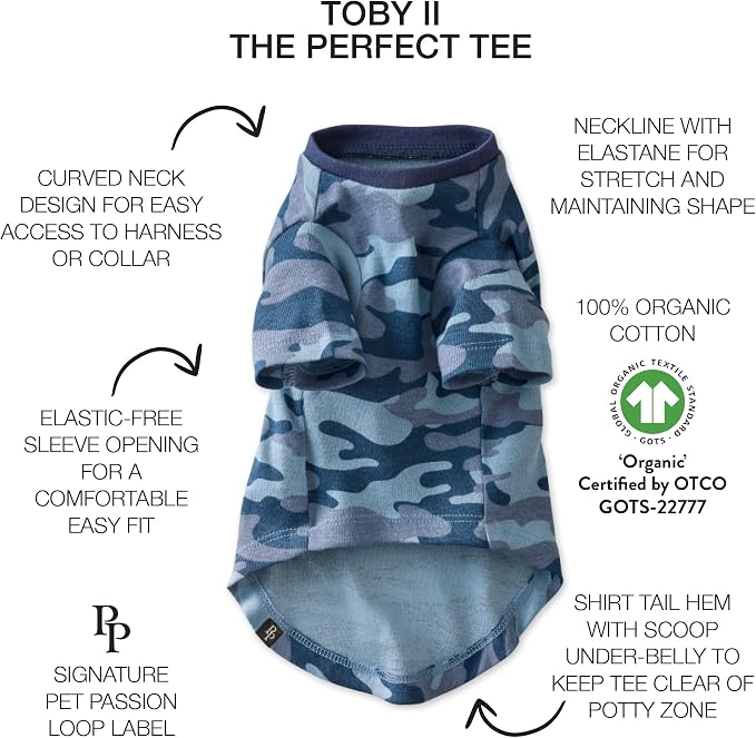 Pet Passion Toby II Dog T-Shirt, 3 Pack, Navy Camo, XX-Small | GOTS-certified organic cotton short-sleeve tee. Breathable, soft & sustainable for everyday wear.
