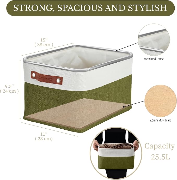 DECOMOMO Storage Bins, Large Fabric Storage Baskets for Shelves 3 Pack | 15 x 11 x 9.5 inches Decorative Linen Closet Organizers (Olive Green & White)