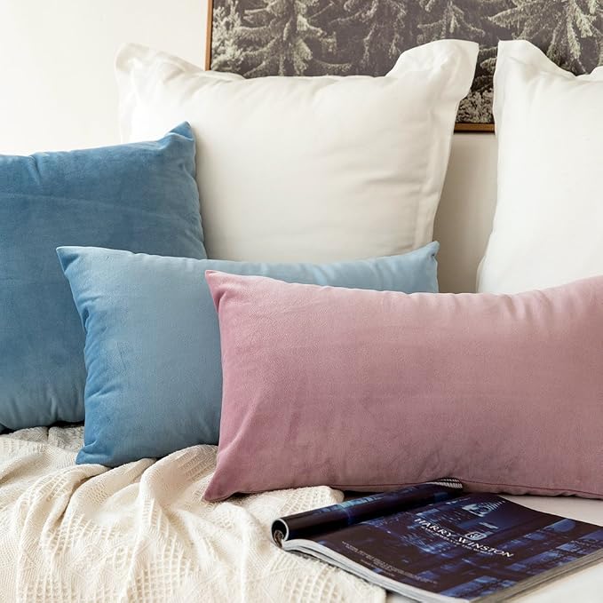 MIULEE 12x20 Inch Lumbar Velvet Throw Pillow Covers Blue Gray | Pack of 2 Soft Solid Decorative Pillow Covers, Modern Luxury Home Decor, for Chair Couch Sofa Bedroom Livingroom
