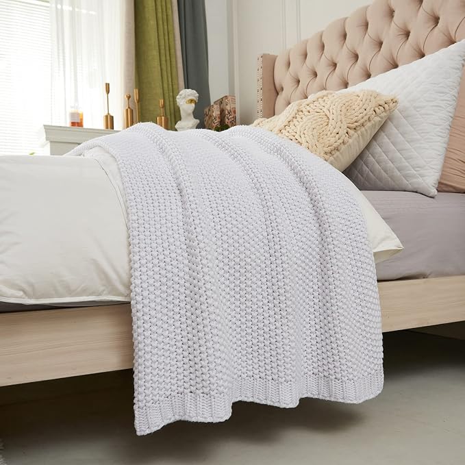 Chunky Cable Knit Throw Blanket Lightweight White 100% Organic Cotton Blanket for Sofa Couch Bed Baby Nursery, Rustic Shabby Chic Modern Farmhouse, Pure White 60” x 80” Give Laundering Bag