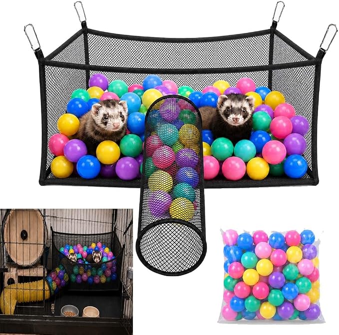 Ferret Ball Pit Hammock for Cage with 60 Colorful Play Balls, Interactive Hanging Enrichment Toy, Compatible with Ferret Tunnel Systems, Fun Activity Center for Ferrets and Small Animals