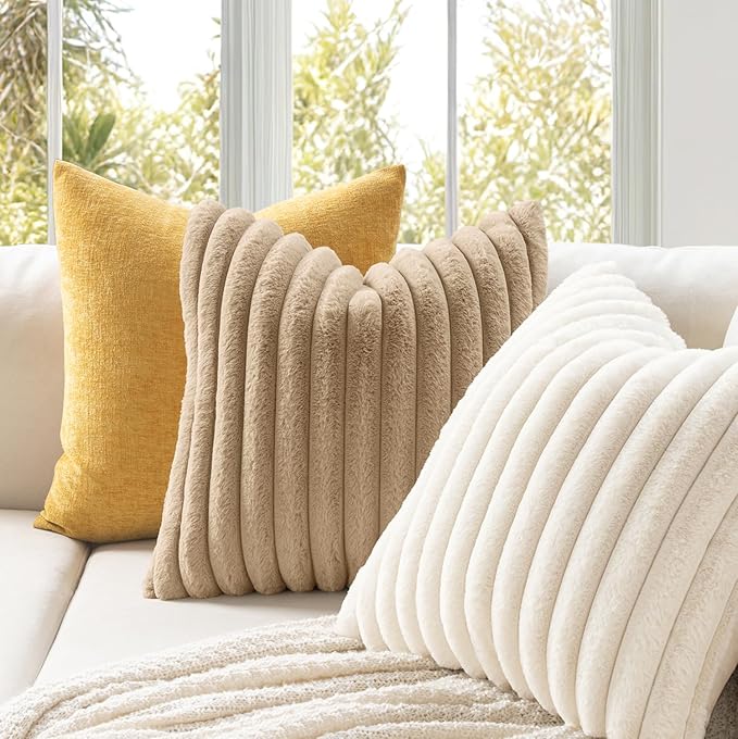 MIULEE Faux Fur Decorative Throw Pillow Covers 18x18 Set of 2 Khaki | Modern Fall Soft Plush Couch Pillows, Cozy Fluffy Cushion Covers for Sofa Bed Living Room Home Decor
