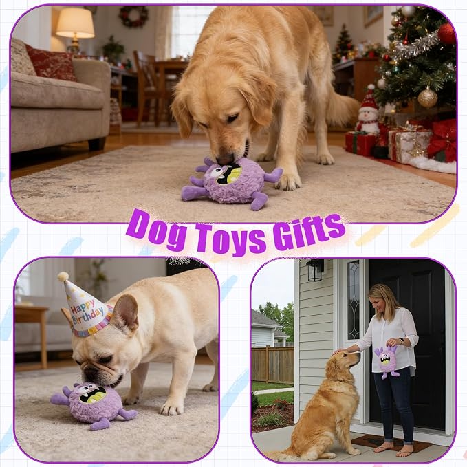 Monster Stuffed Squeaky Dog Toy, Crinkle Dog Plush Toy, Purple | Soft Lightweight Toy for Fetch and Chew, Interactive Outdoor Indoor Play for Tug, Birthday Gift, For Puppy Small Medium Dog