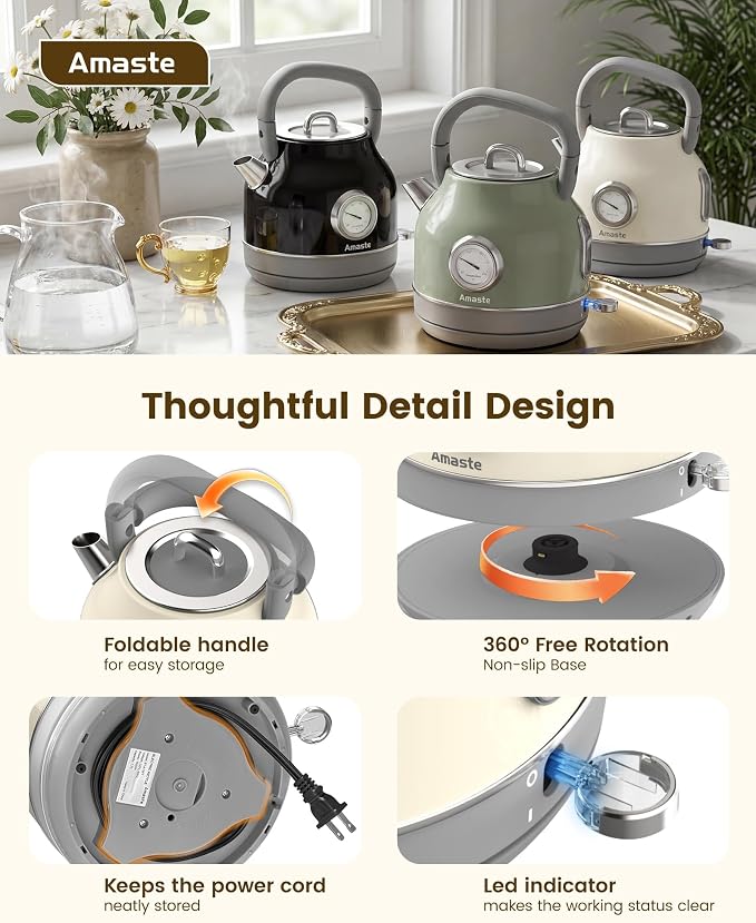 Amaste Electric Kettle, Retro Electric Tea Kettle With Thermometer, 57 Oz Hot Water Kettle For Coffee & Tea, 304 Stainless Steel, 1500w Fast Boiling, Auto Shut-Off & Boil Dry Protection, Cream White