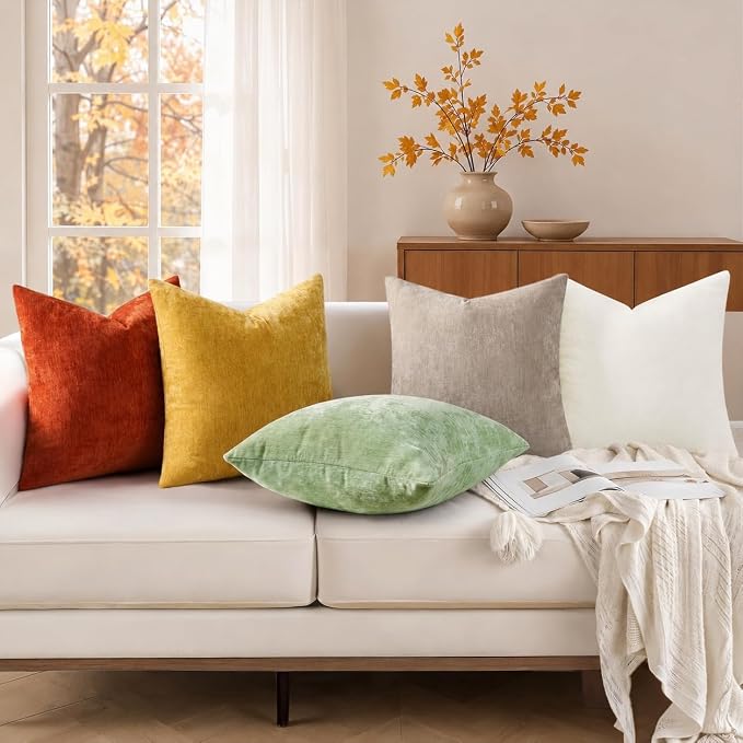 decorUhome Soft Chenille Mineral Yellow Throw Pillow Covers 26X26 Set of 2 | Decorative Fall Couch Pillow Covers Solid Dyed Accent Modern Euro Sham Farmhouse Neutral Square Pillow Cases for Sofa