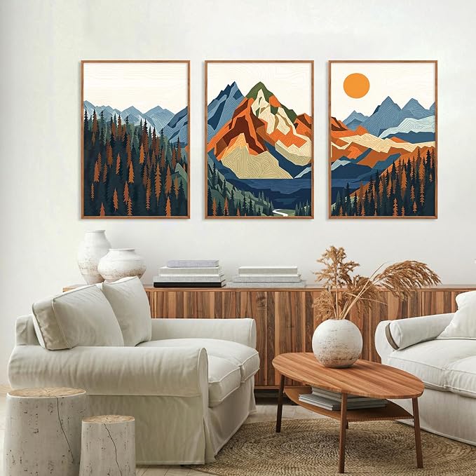 FWIEXA Vintage Mountain Framed Canvas Wall Art Set, Boho Sunrise Wall Prints, Abstract Nature Forest Artwork, Retro Lake Sunset Painting, 3 Panel 24x36 Inches Modern Rustic Decor for Living Room, Bedroom, Office
