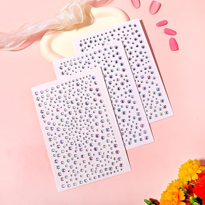 975Pcs Face Gems Hair Gems, Self-Adhesive Face Jewels Eye Jewels Rhinestones 3/4/5/6 mm DIY Face Gems Stick on, Hair Body Rhinestones Gems Crystals Pearls for Face Makeup, Crafts (gem_whiteab)